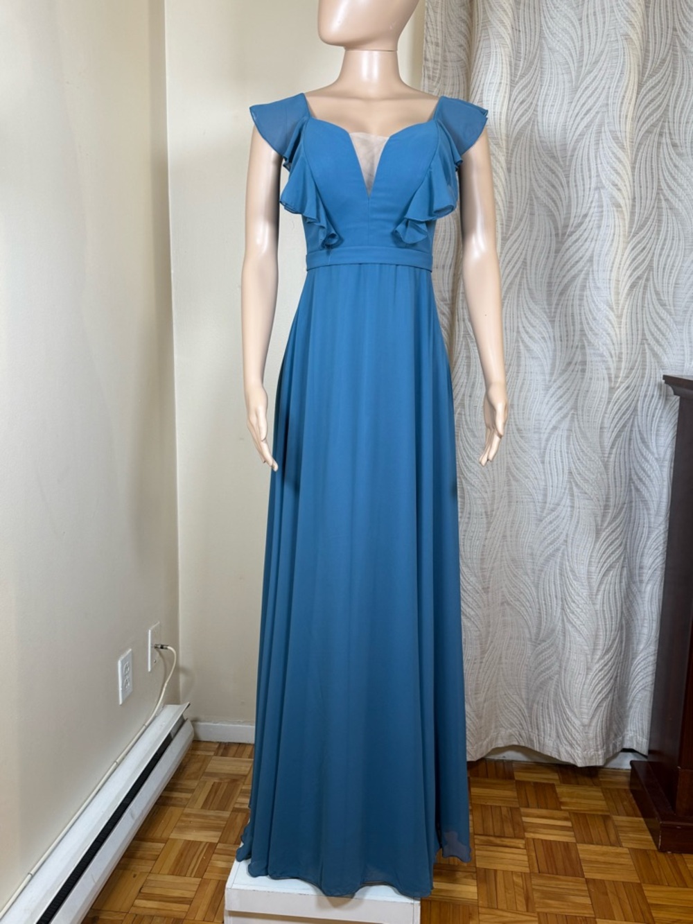 Elegant Teal Blue Ruffled Cap-Sleeve Maxi Dress